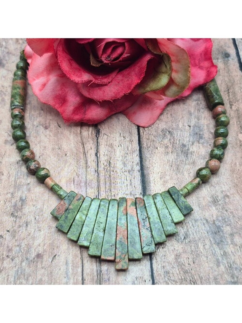 Artisan Boho Unakite Natural Stone Beaded Collar Bib Necklace Toggle Clasp 18"